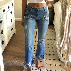 Zara Fringe and Flower flare jeans